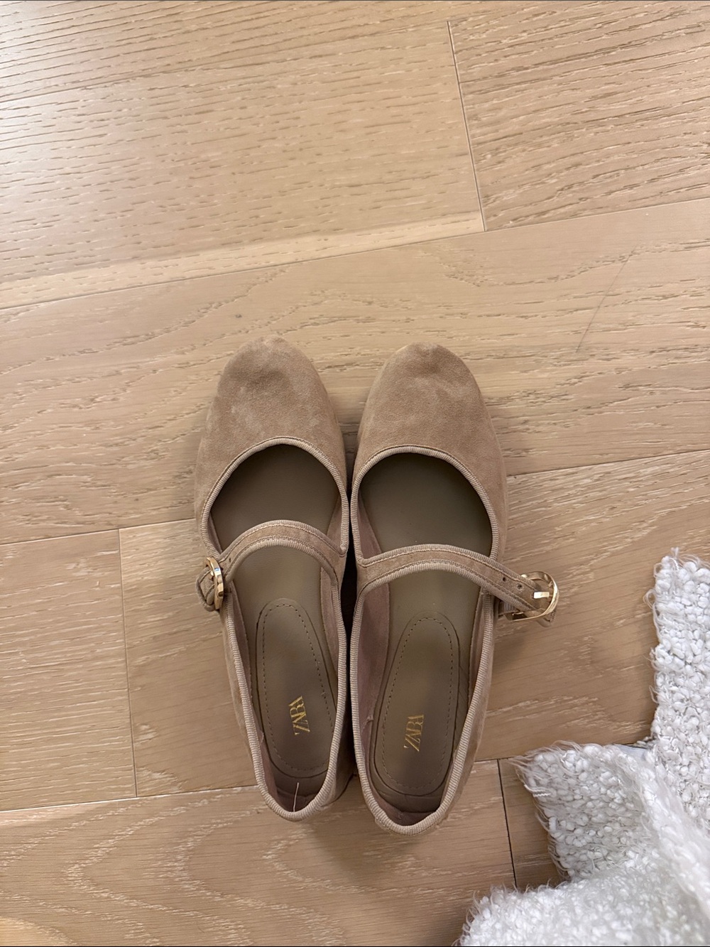 Zara Beige Suede Mary Jane Flats
